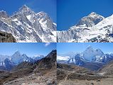 Kongma La 20 Desend Towards Bibre - Lhotse, Makalu, Trail With Ombigaichen, Ama Dablam, Kangtega The trail from the Kongma La towards Bibre was fairly easy, with views of Lhotse, Makalu, Ombigaichen, Ama Dablam, and Kangtega in the distance.